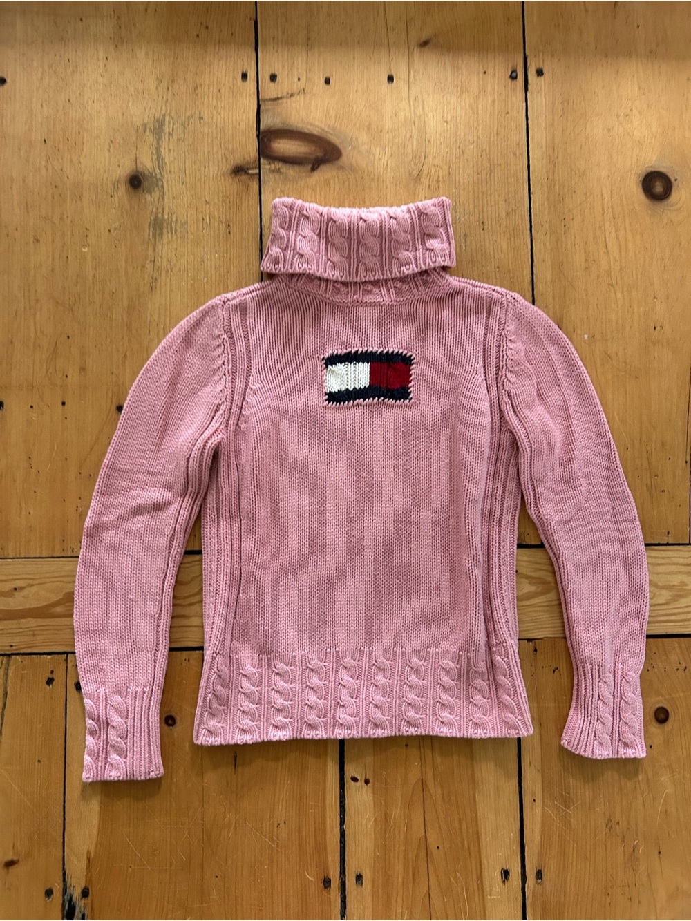 Vintage Tommy Hilfiger Pink Cable-Knit Turtleneck Sweater with Flag Patch